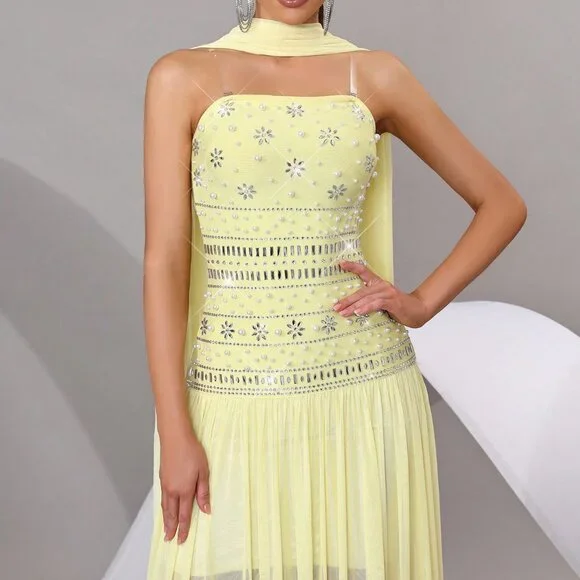 Yellow Chic Women's Strapless Rhinestone Maxi Dress - Picture 3 of 8